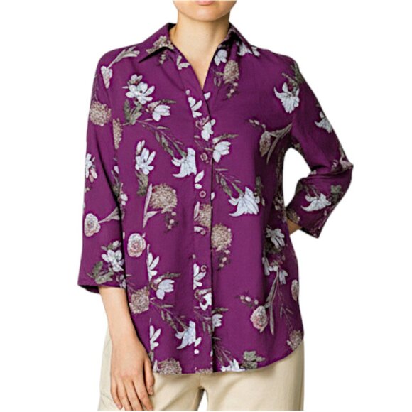 Justify Tops - Justify Plum Floral Button Front Lace Back Blouse Women's Size S